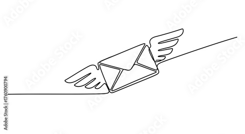 Flying email envelope vector illustration for fast delivery service and communication concept line drawing design