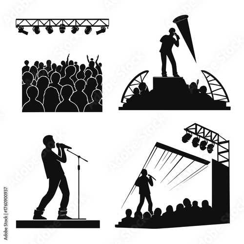 Vector art of silhouettes of singers performing on stage with crowd and lighting