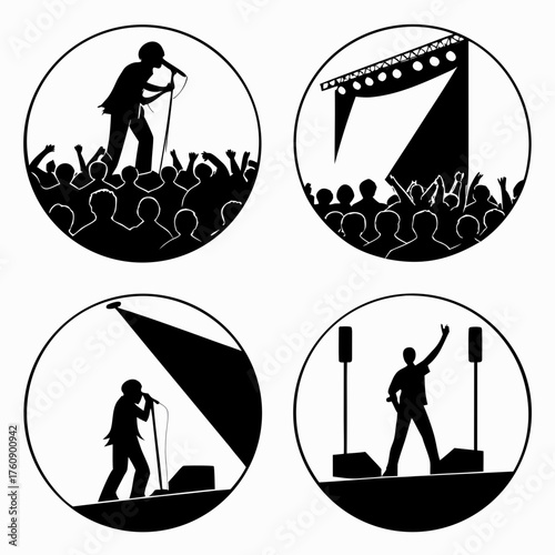 Vector art of set of concert stage, with singer and crowd silhouette