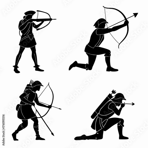 Vector art of silhouette illustration of archers with bows and arrows