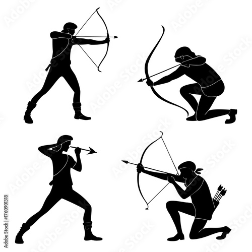 Vector art of silhouette illustration of archers with bows and arrows