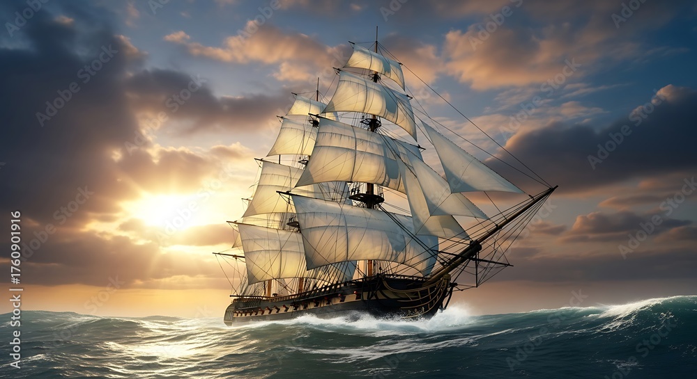 Fototapeta premium Majestic Tall Ship Sailing on Choppy Seas at Sunset with Dramatic Sky.