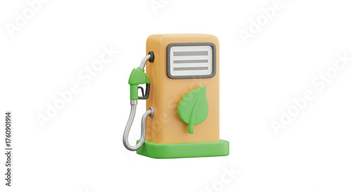 Stylized 3d cartoon gas pump with a green leaf symbol representing eco friendly fuel isolated on transparent background
