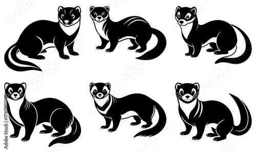 Collection of six stylized black and white weasel illustrations in various poses and perspectives displayed