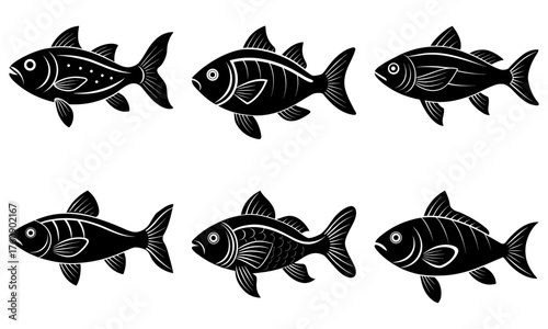 Illustration of six stylized black fish with varying patterns and fin shapes on a white background