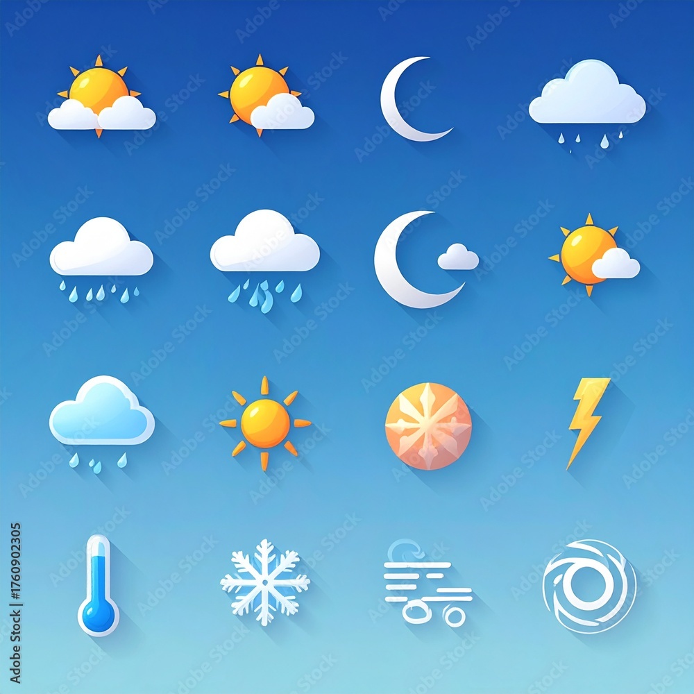Obraz premium Weather Icons Set - Diverse Meteorological Conditions and Forecast Symbols.