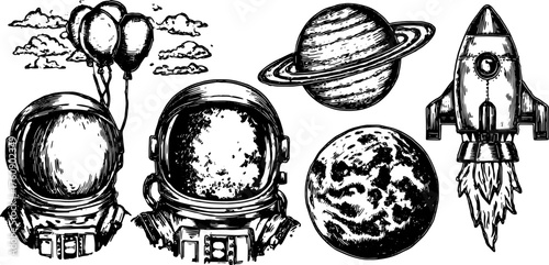 Vintage astronaut and rocket illustrations, featuring planets and balloons in black outline. Retro design vector set for visual appeal.