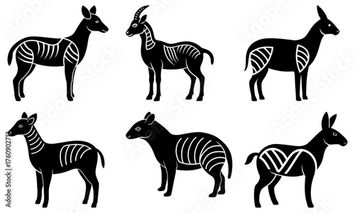 Stylized black antelopes with white stripes in various poses on a white background are shown