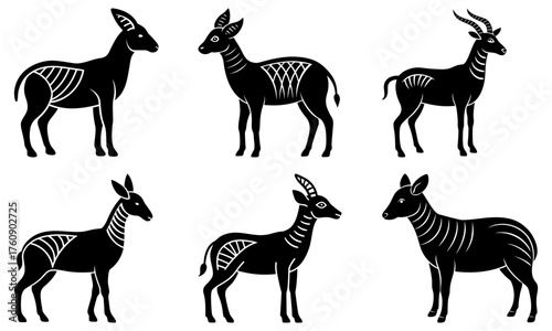 Stylized illustration of six black antelopes with unique patterns on their bodies in a white background