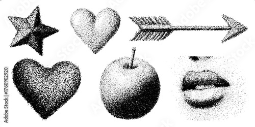 Set of graphic elements: star, heart, arrow, apple, and lips. Simple black and white vector illustration with a modern design.