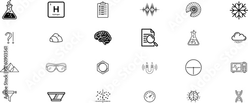 Science liner icon set. Containing biology, laboratory, experiment, scientist, research, physics, chemistry and more icons. Science education symbol on transparent background