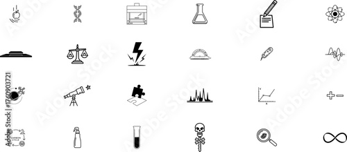 Science liner icon set. Containing biology, laboratory, experiment, scientist, research, physics, chemistry and more icons. Science education symbol on transparent background