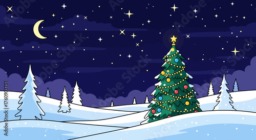 Decorated Christmas Tree with Star Topper in Snowy Winter Landscape.