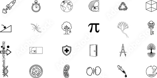 Science liner icon set. Containing biology, laboratory, experiment, scientist, research, physics, chemistry and more icons. Science education symbol on transparent background