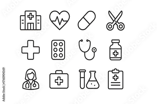 Hospital vector line icon set featuring healthcare, pharmacy, doctor, and medical symbols. Minimal linear icons pack with editable stroke vector art, ideal for medical center and healthcare design