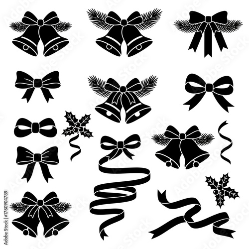 Set ikon vektor lonceng, pita, dan busur Natal