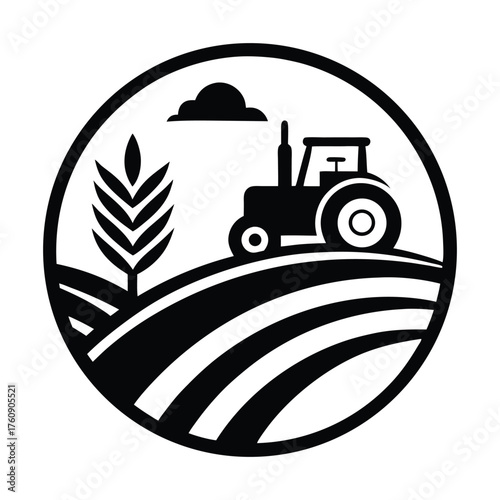 Circular emblem featuring a stylized black and white illustration of a tractor on rolling farmland with a single stalk of wheat and a cloud in the sky