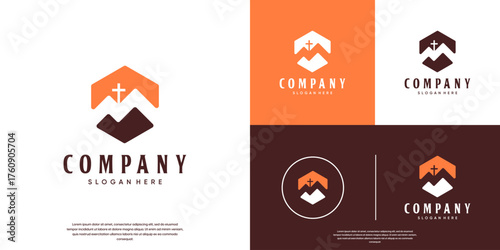 Cross logo on a mountain with negative space style, vector template design.