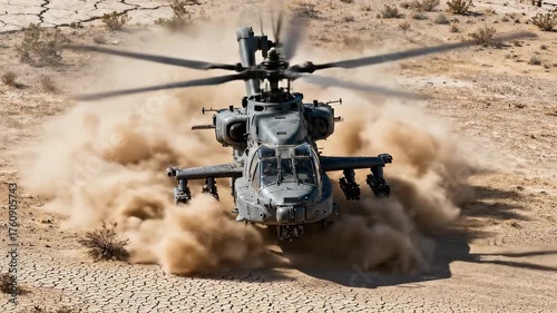 Combat gunship maneuvers for landing in a barren desert environment. The powerful rotor wash kicks up sand and dust. Modern warfare and aviation technology. Panning and tilting close-up shot.