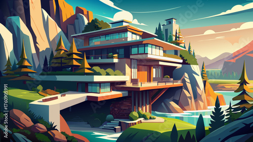 Very beautiful luxury mountain resort seamlessly built into a rocky cliffside, blending stunning modern architecture with breathtaking natural surroundings — a masterpiece of harmony between design an