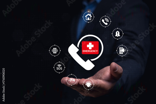 A hand reaches out with an emergency phone icon surrounded by various emergency services icons, suggesting urgent help and connectivity.