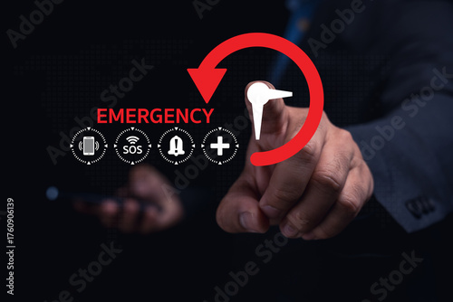 A hand pressing an emergency button, symbolizing urgent assistance with icons for SOS, help, and communication.