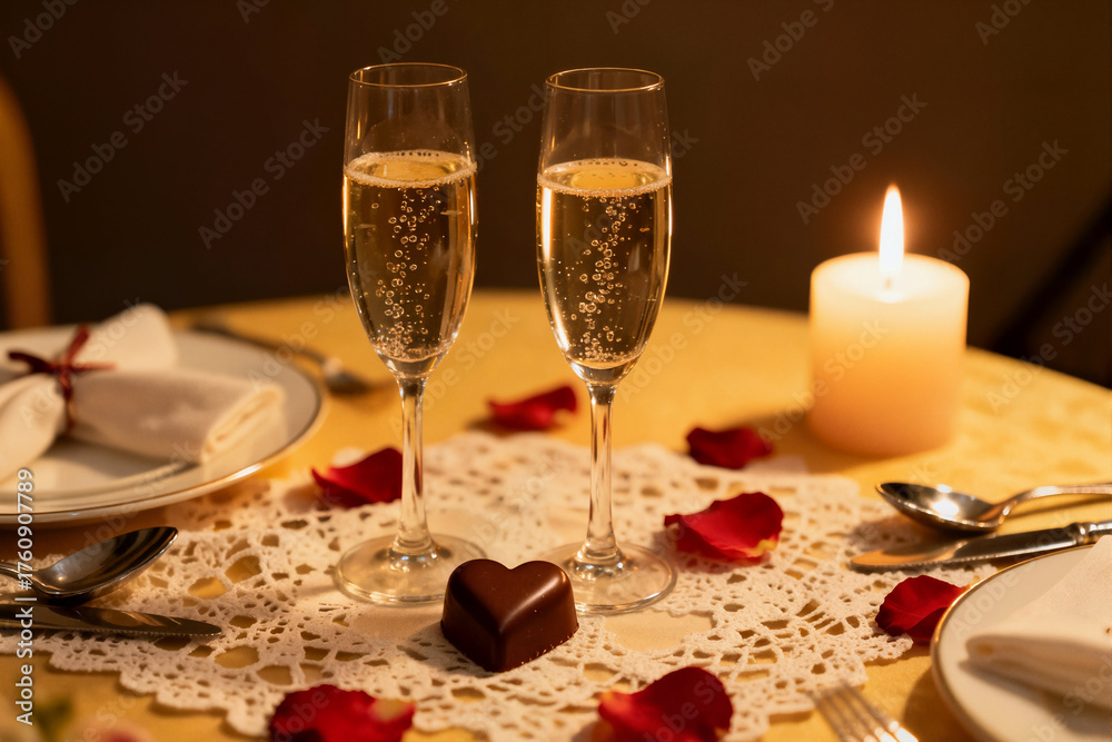 Naklejka premium A romantic table setting features two champagne flutes, red rose petals, a heart-shaped chocolate, and a lit candle. This intimate scene conveys love, celebration, and luxury dining.