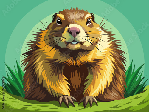Realistic vector of groundhog popping out of burrow, brown fur, curious expression, isolated on light green background, detailed wildlife artwork