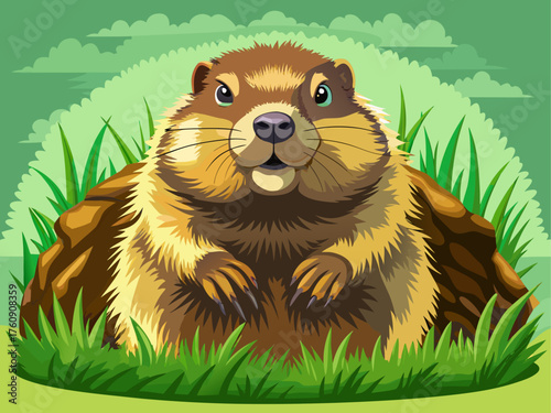 Realistic vector of groundhog popping out of burrow, brown fur, curious expression, isolated on light green background, detailed wildlife artwork