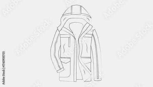 hand-drawn vector of a winter parka jacket with hood, zipper, and pockets, featuring clean monochrome line work for a simple and functional look.