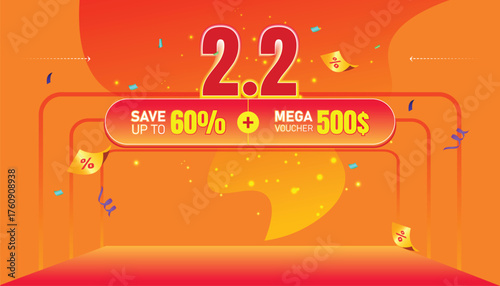 2.2 sale banner design featuring bold typography, confetti, and bright orange-red gradient background.