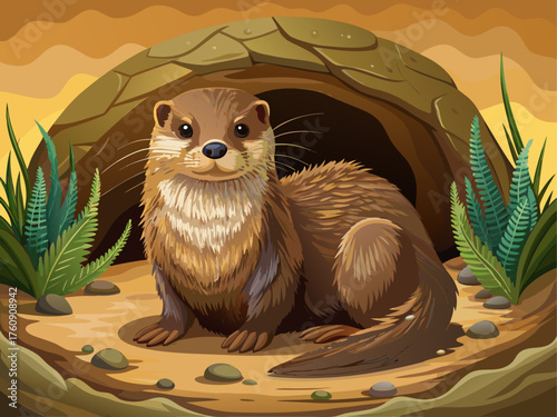 Realistic vector illustration of otter near underground burrow entrance, brown wet fur, detailed texture, isolated on beige background, wildlife vector style