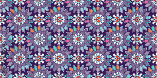 Seamless pattern with traditional Indian floral ornament for fabric swatch or wrapping paper. Vector abstract kaleidoscopic background