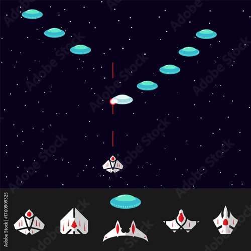 Game asset with sprites of spacecrafts and UFO in flat style. Vector set for animation and game design