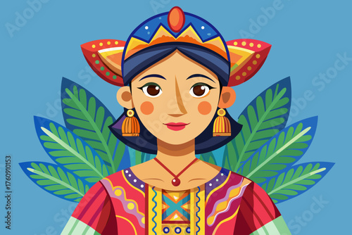 Vector of Filipino woman wearing Baro’t Saya, traditional Filipino dress with butterfly sleeves and bright woven patterns.
