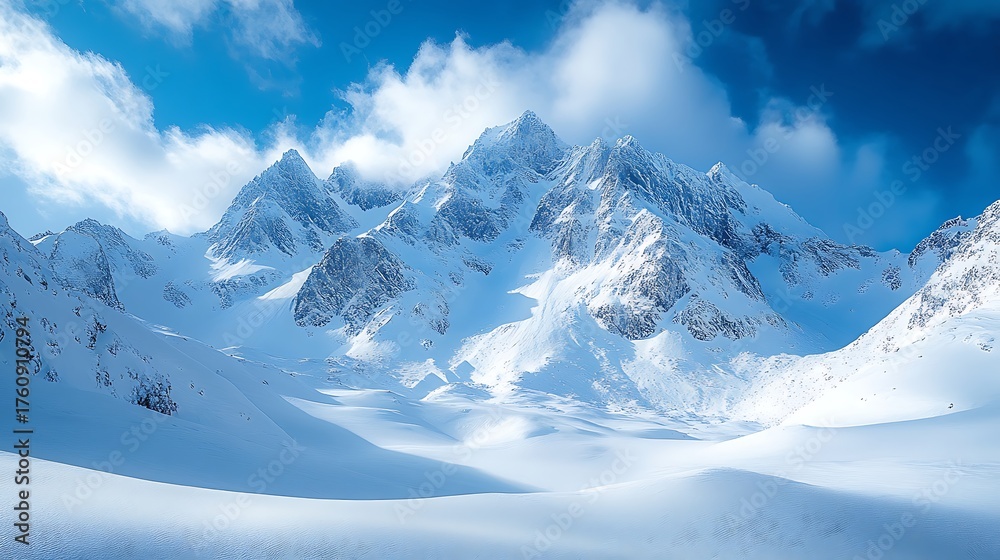 Obraz premium A majestic mountain range covered completely in fresh white snow under sky