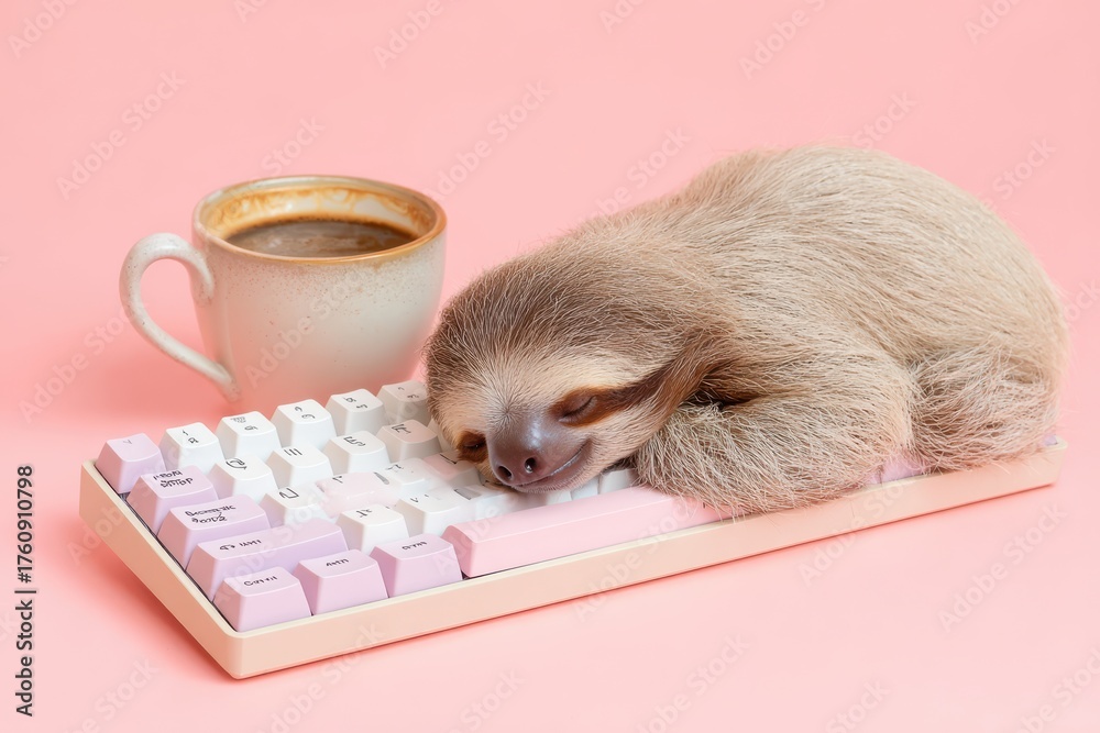 Naklejka premium A adorable sloth peacefully sleeps on a keyboard, a cozy coffee cup beside it, all set against a soft pastel pink background, offering ample space for text.