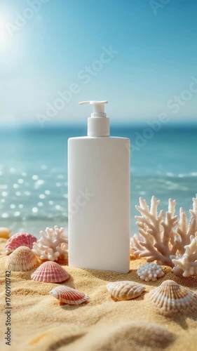 A bottle of white sunscreen on the sand with shells and corals scattered around it on a blue sky and sea background