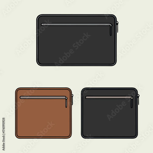 Three flat lay illustrations of zippered cases in black, brown, and dark gray laptop sleeve tablet case