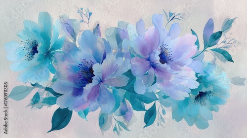 Fototapeta Naklejka Na Ścianę i Meble -  Commercial high-resolution photo of soft blue and purple peonies in a floral arrangement with watercolor texture.
