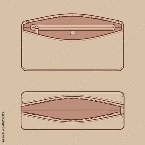 Two Brown Pouches with Open Zippers and Stitched Details on Beige Background cosmetic bag toiletry bag