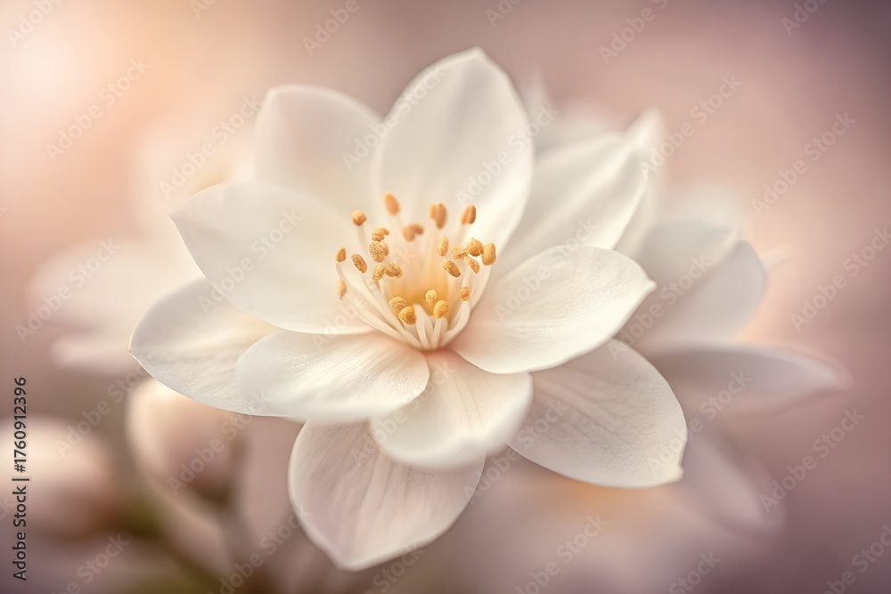 Fototapeta premium Soft blurry dreamy macro of white jasmine flower with romantic haze, faded tones, and fine art cinematic floral texture.