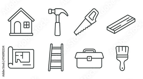 Home improvement icons: house, hammer, saw, wooden plank, blueprint, ladder, toolbox, paintbrush