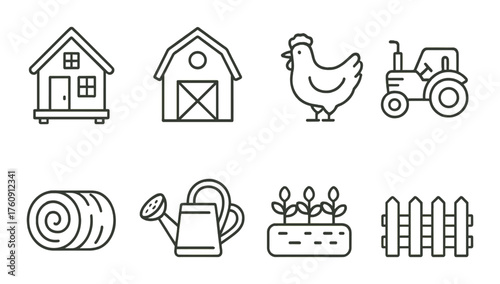 Farm icon set: house, barn, chicken, tractor, hay, watering can, plants, fence