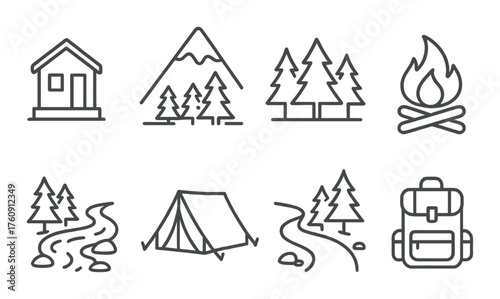 Camping icons: cabin, mountains, trees, campfire, river, tent, backpack