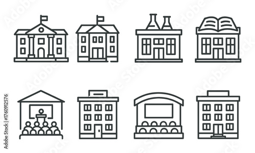 Educational institution icons: school, library, laboratory, auditorium designs