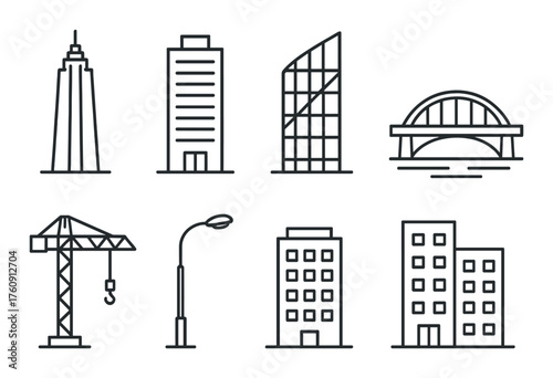Minimalist black and gray line art of urban buildings and structures