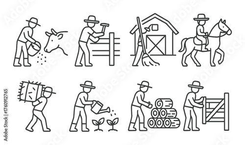 Illustration of farming activities: feeding, building, riding, planting, harvesting, stacking