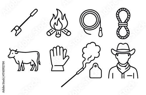 Cowboy essentials: hat, rope, branding iron, cow, campfire, glove, smoke symbol