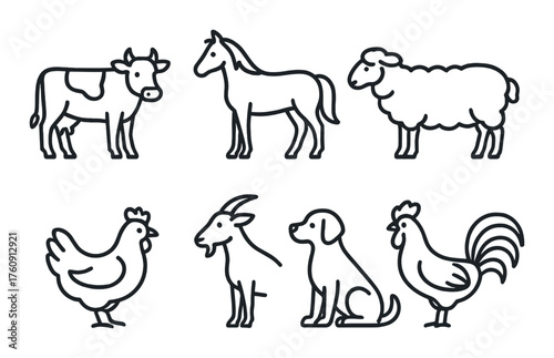 Silhouette of farm animals: cow, horse, sheep, chicken, goat, dog, and rooster